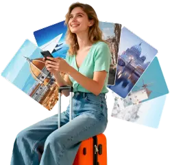 Woman traveler using eSIMNum for seamless global eSIM data connectivity on her phone