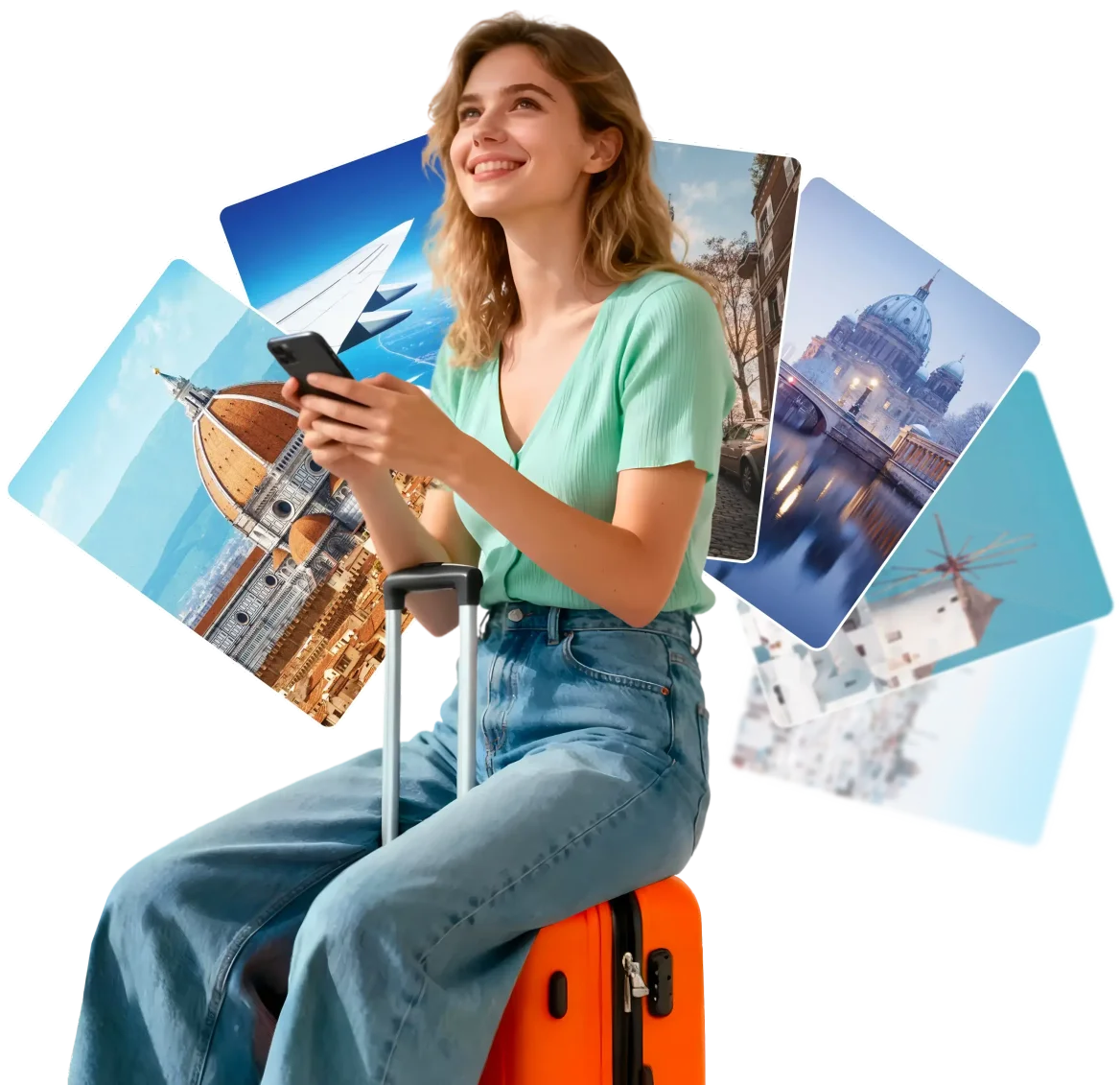 Woman traveler using eSIMNum for seamless global eSIM data connectivity on her phone