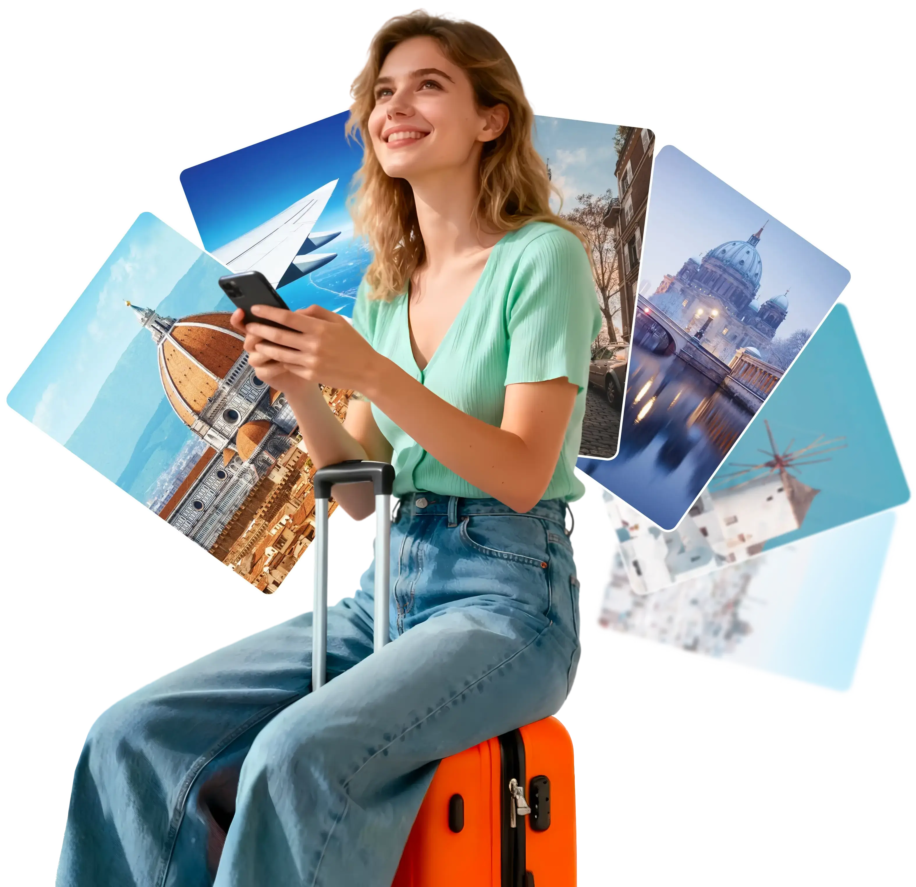 Woman traveler using eSIMNum for seamless global eSIM data connectivity on her phone